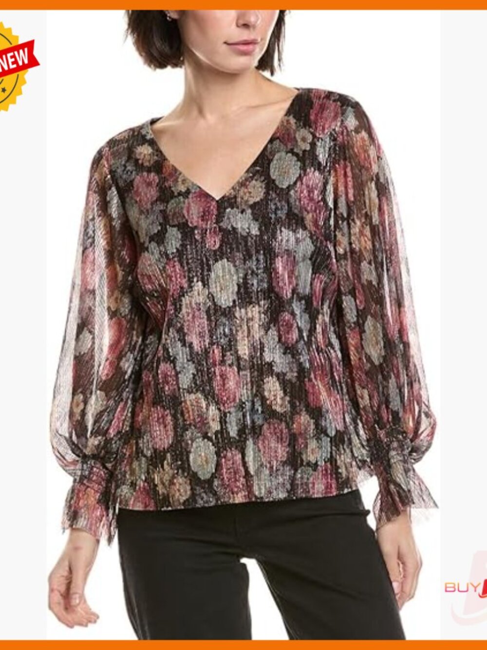 V-Neck Balloon Sleeve Blouse Classic Fit Long Sleeve Floral Pattern